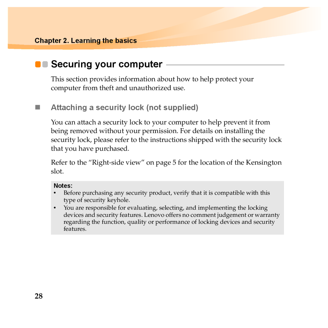 Lenovo Y560P, Y460P manual Securing your computer, „ Attaching a security lock not supplied 