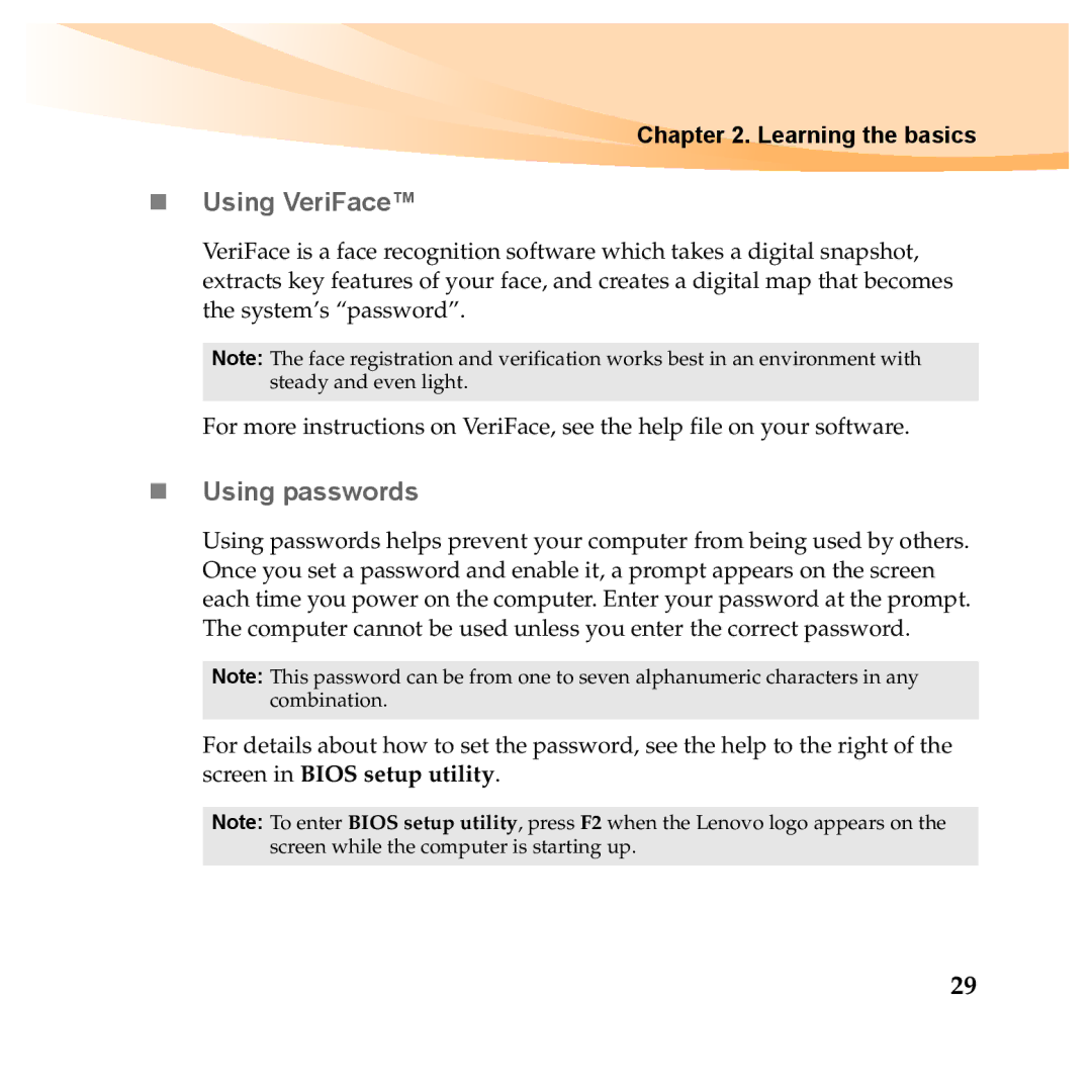 Lenovo Y460P, Y560P manual „ Using VeriFace, „ Using passwords 