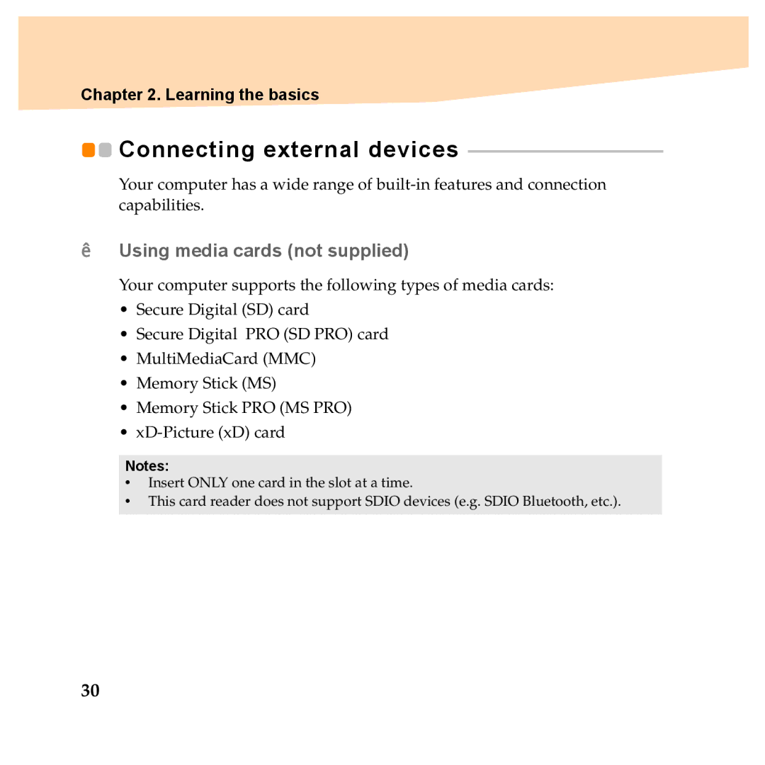 Lenovo Y560P, Y460P manual Connecting external devices, „ Using media cards not supplied 