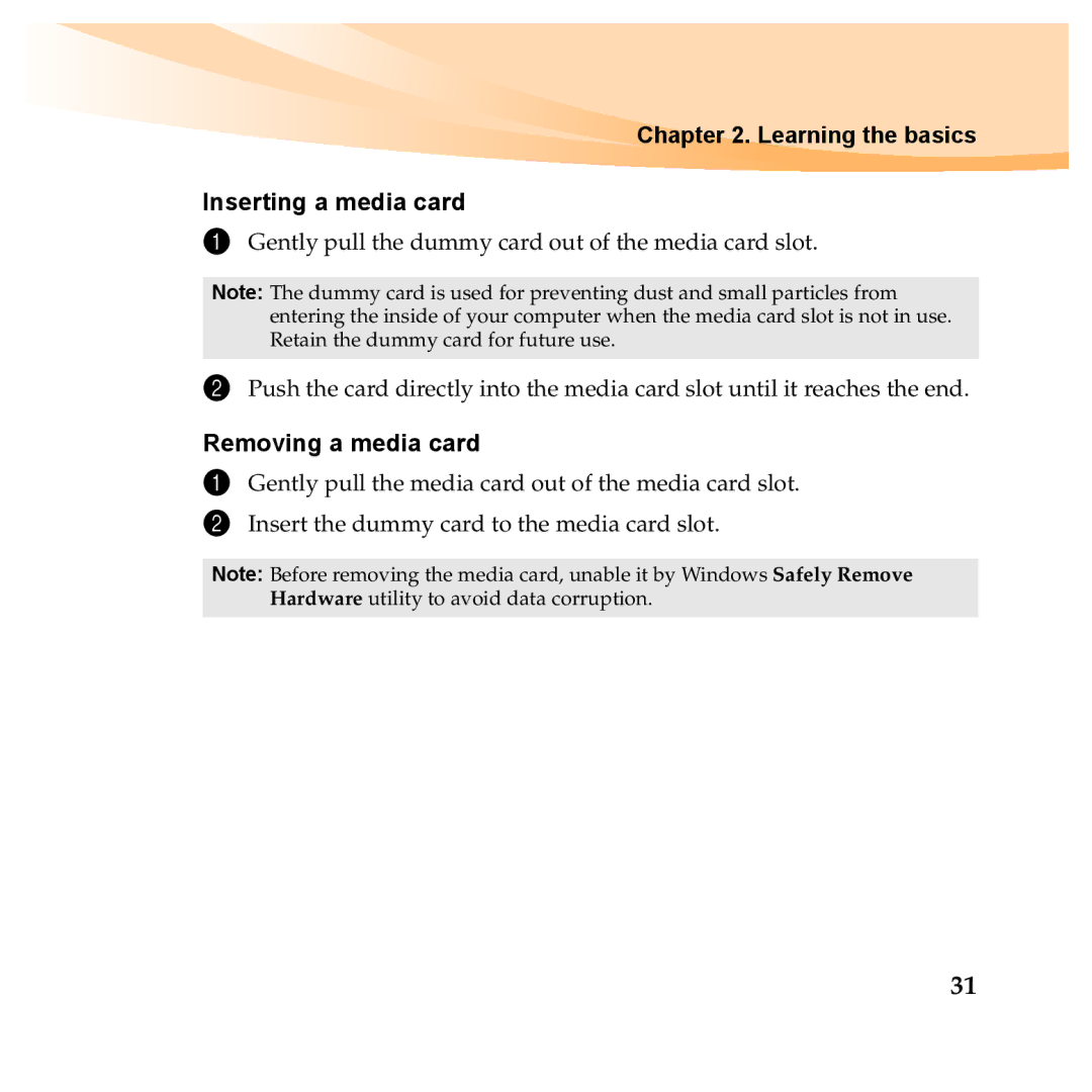 Lenovo Y460P, Y560P manual Learning the basics Inserting a media card, Removing a media card 