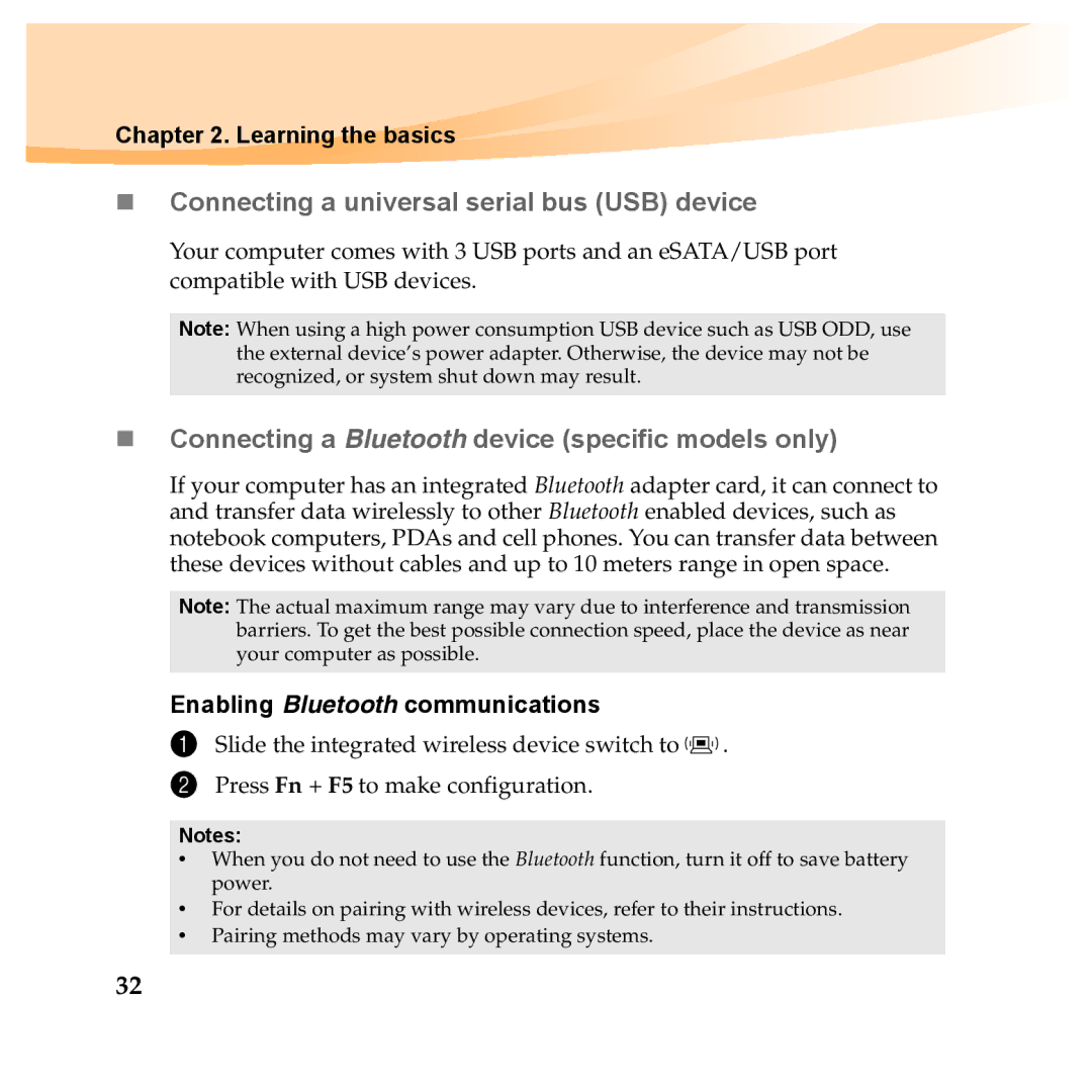 Lenovo Y560P, Y460P „ Connecting a universal serial bus USB device, „ Connecting a Bluetooth device specific models only 