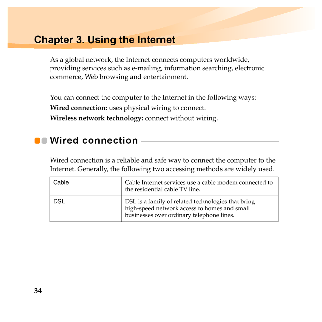 Lenovo Y560P, Y460P manual Using the Internet, Wired connection 