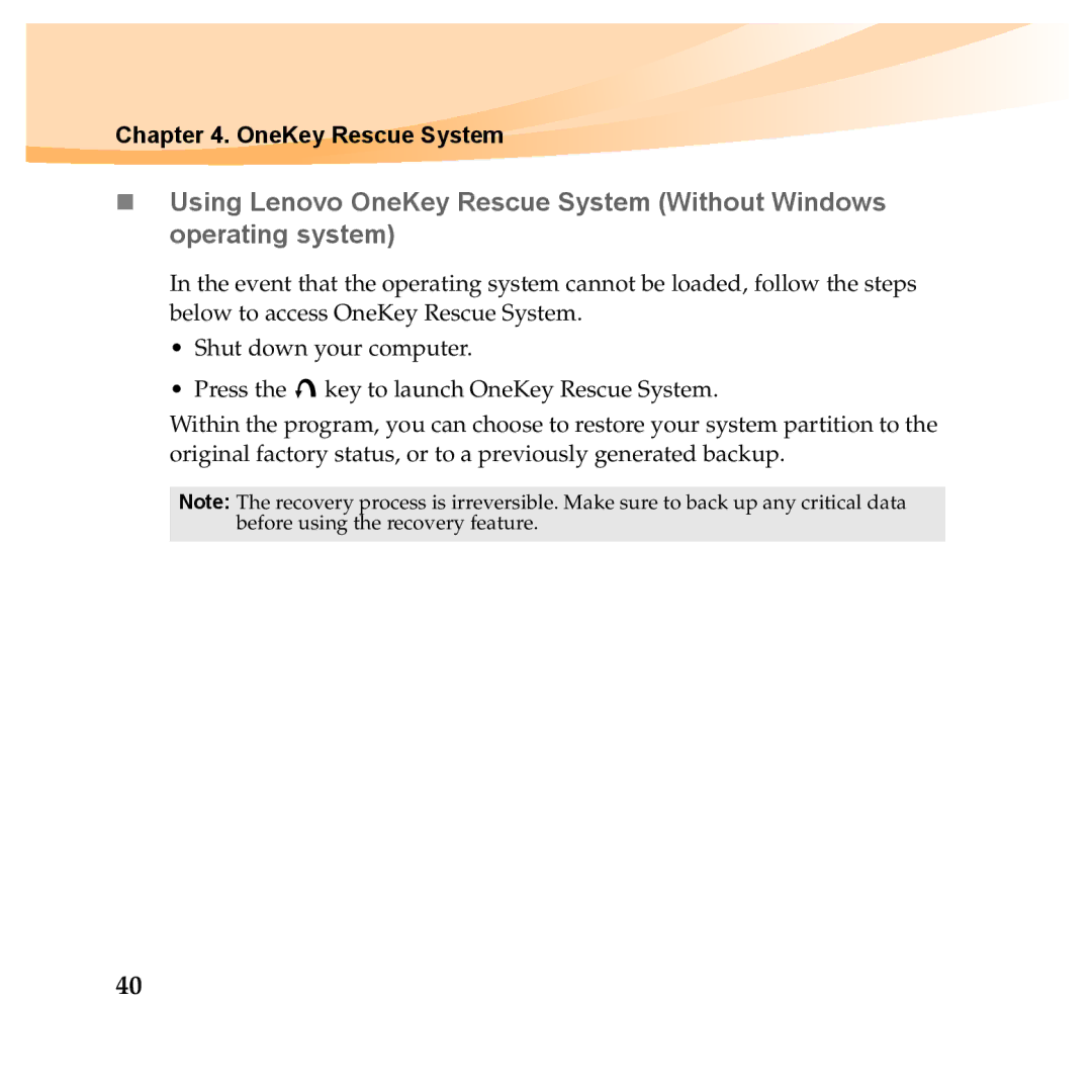 Lenovo Y560P, Y460P manual OneKey Rescue System 