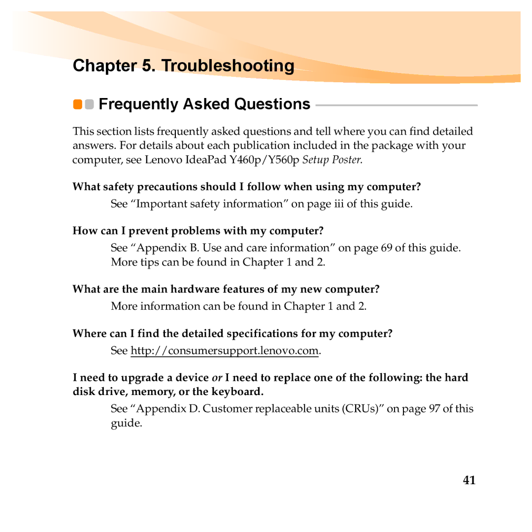 Lenovo Y460P, Y560P manual Troubleshooting, Frequently Asked Questions 