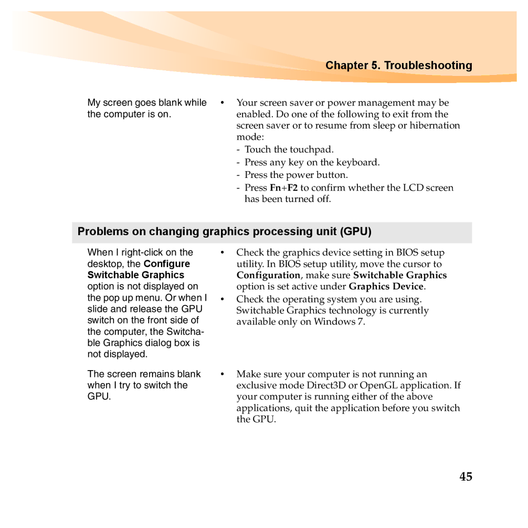 Lenovo Y460P, Y560P manual Problems on changing graphics processing unit GPU, Computer is on 