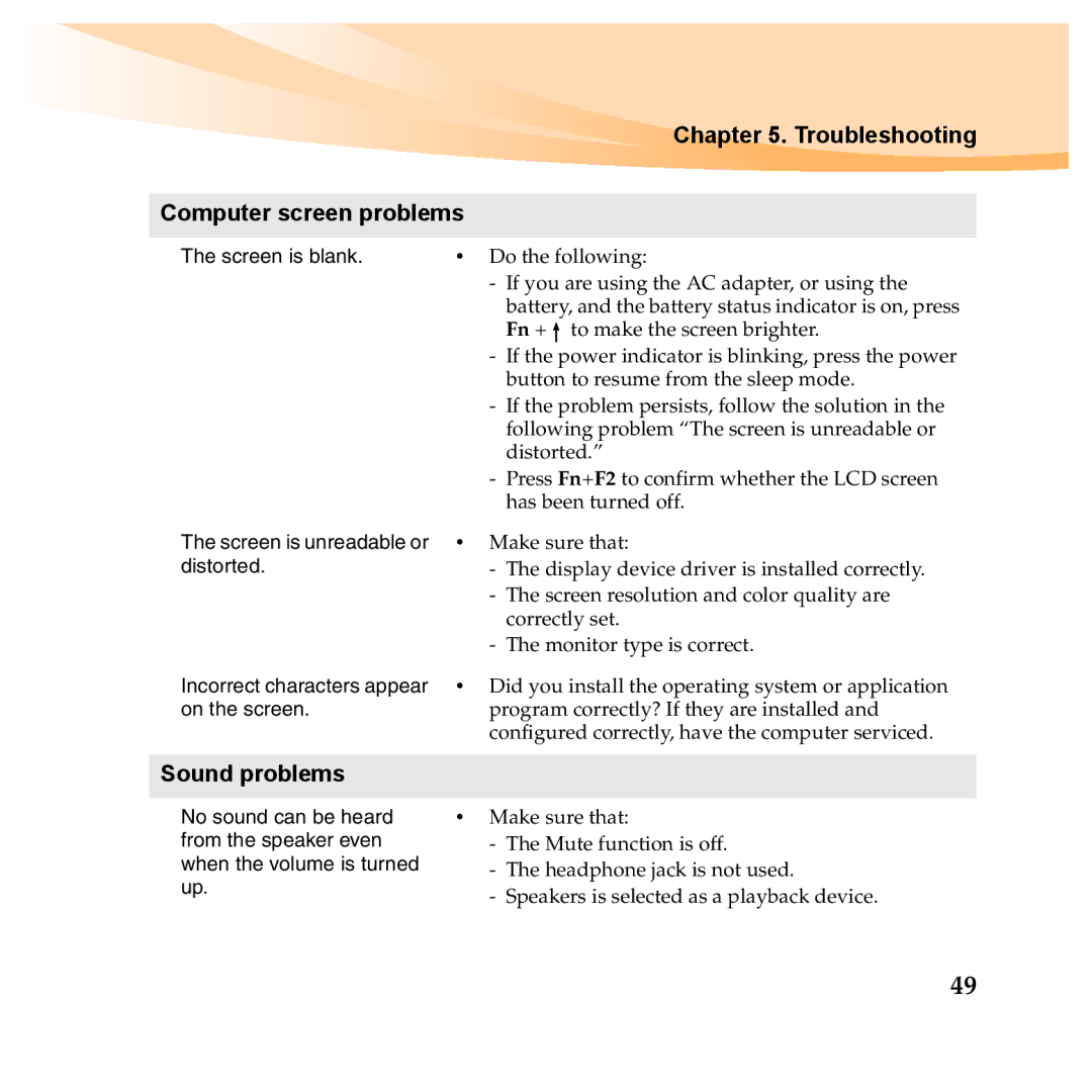 Lenovo Y460P, Y560P manual Troubleshooting Computer screen problems, Sound problems 