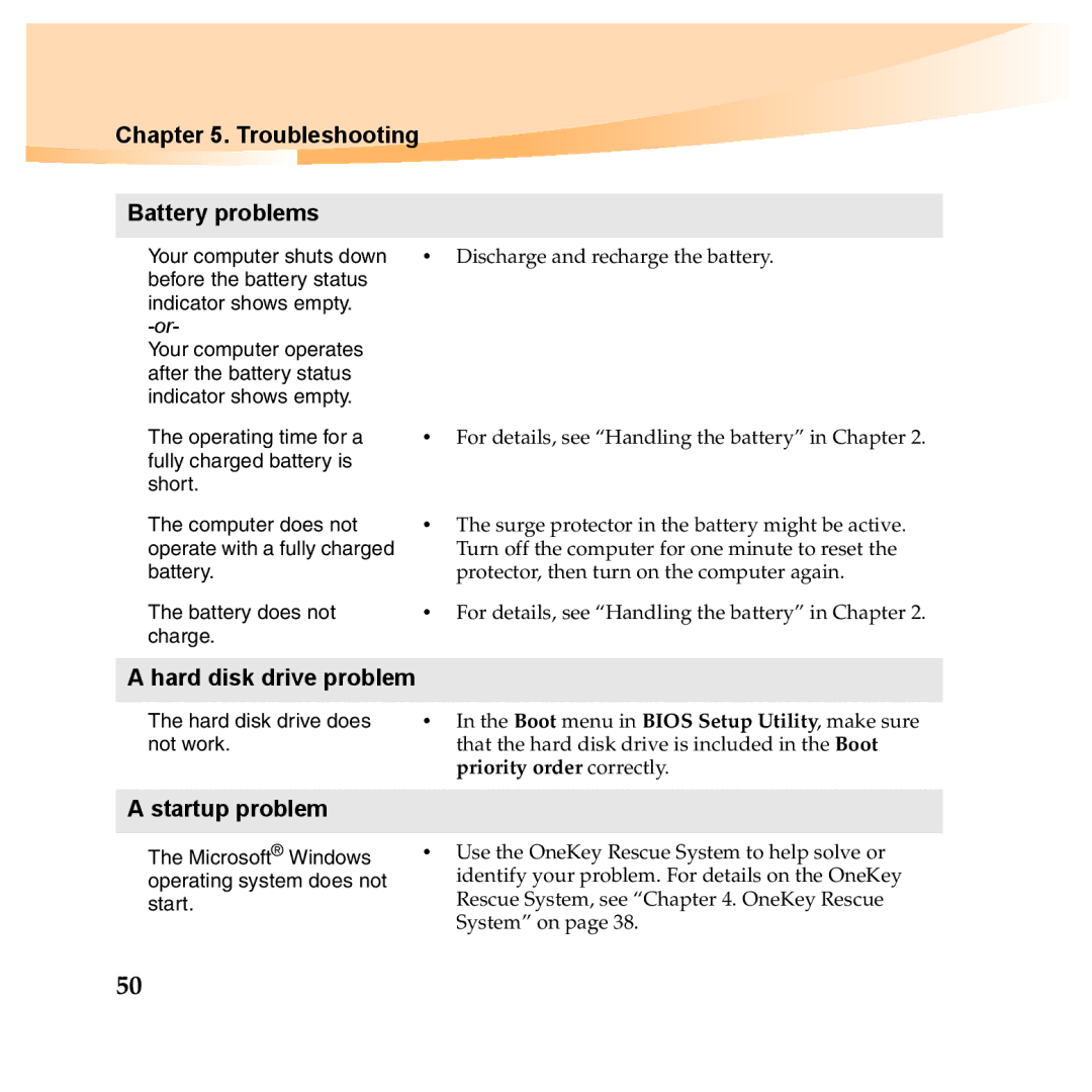 Lenovo Y560P, Y460P manual Troubleshooting Battery problems, Hard disk drive problem, Startup problem 