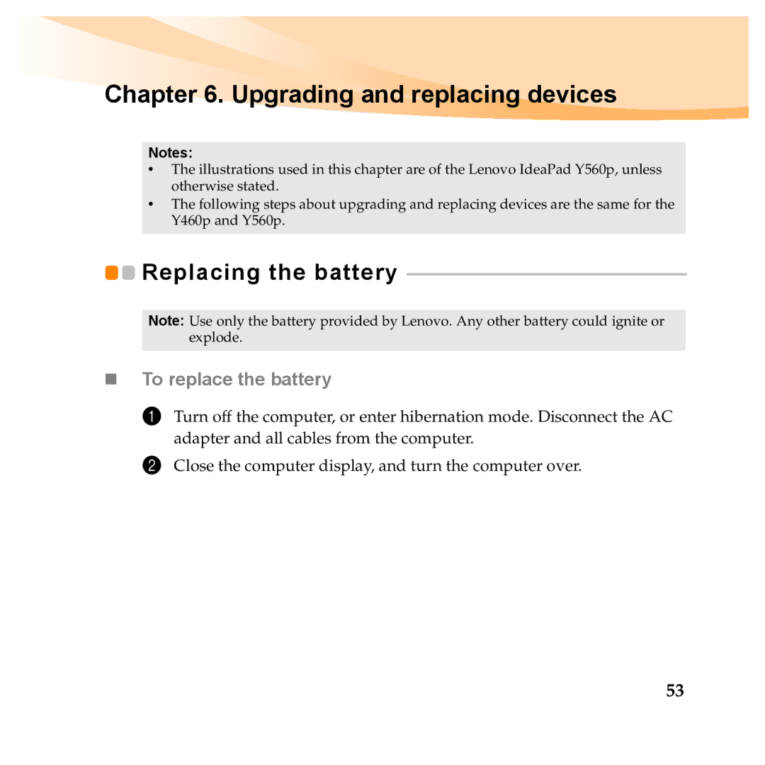 Lenovo Y460P, Y560P manual Upgrading and replacing devices, Replacing the battery 