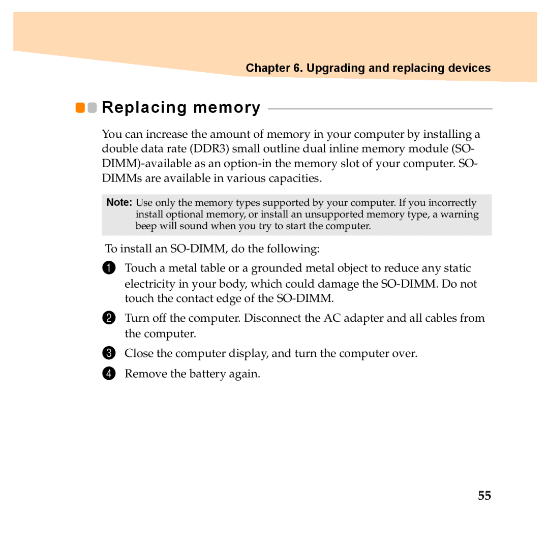 Lenovo Y460P, Y560P manual Replacing memory 