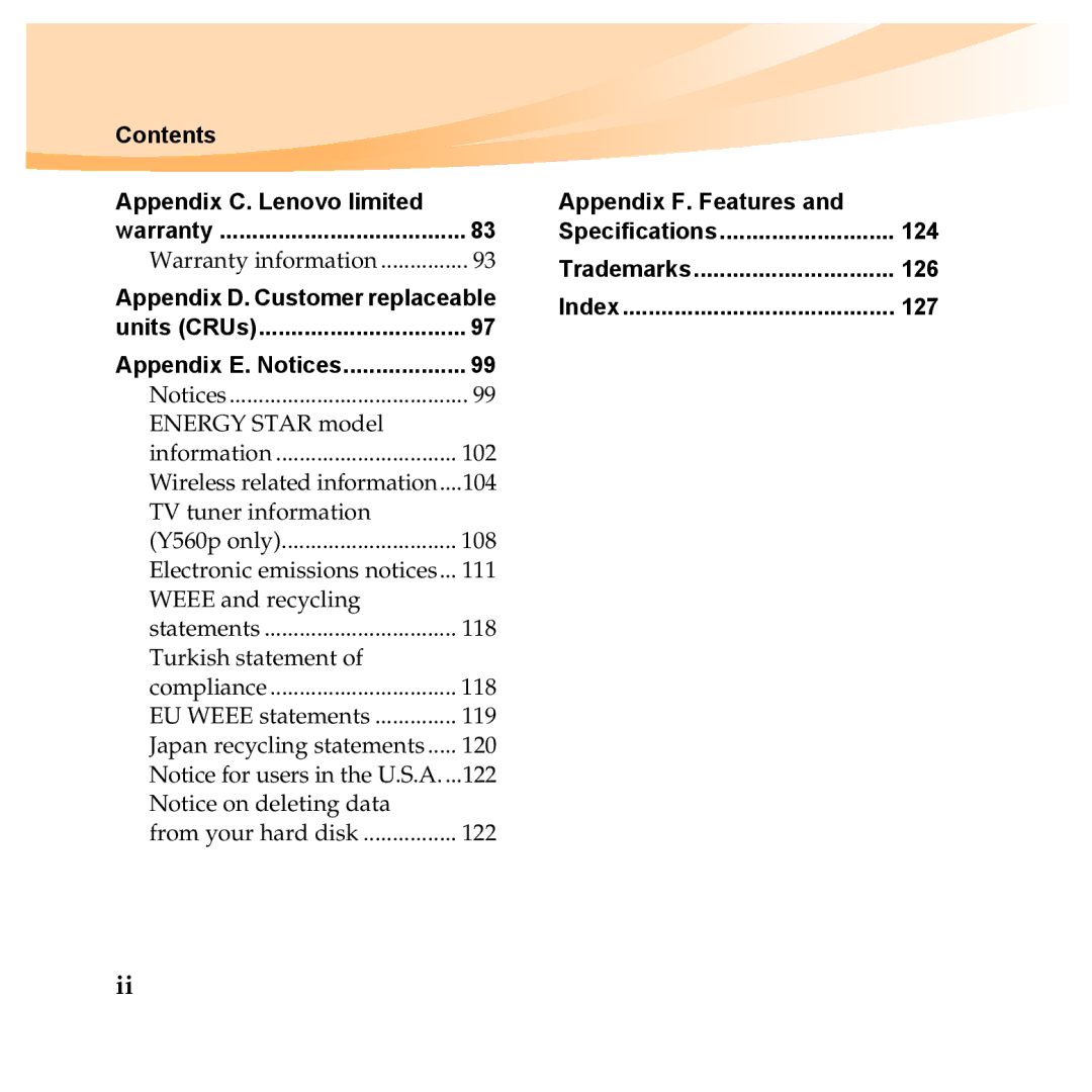 Lenovo Y560P, Y460P manual Contents Appendix C. Lenovo limited, Appendix F. Features, 124, 126, 127 