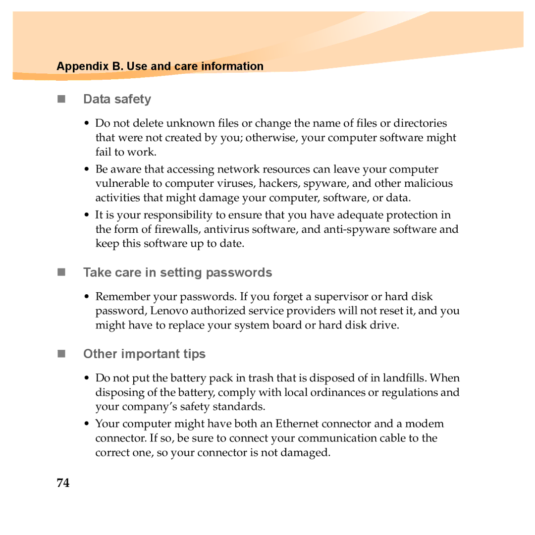 Lenovo Y560P, Y460P manual „ Data safety, „ Take care in setting passwords, „ Other important tips 