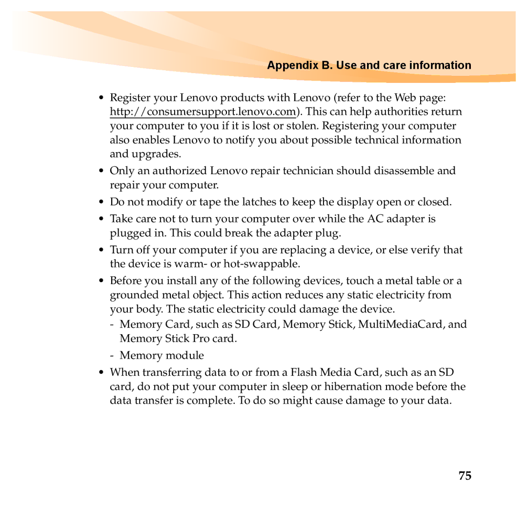 Lenovo Y460P, Y560P manual Appendix B. Use and care information 