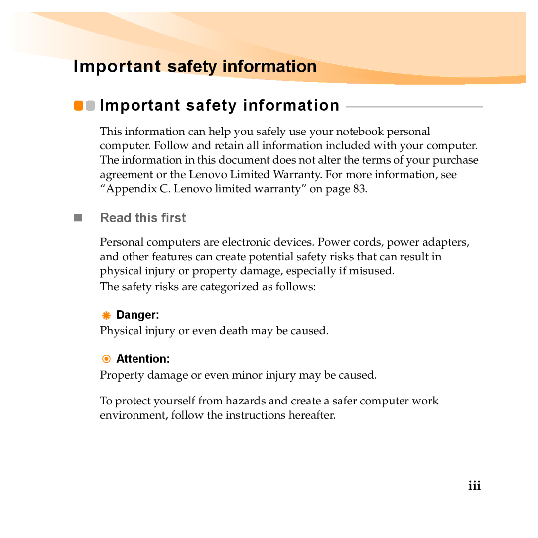 Lenovo Y460P, Y560P manual Important safety information, „ Read this first, Iii 