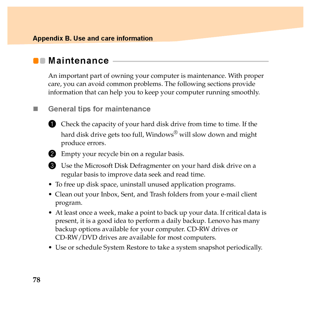 Lenovo Y560P, Y460P manual Maintenance, „ General tips for maintenance 