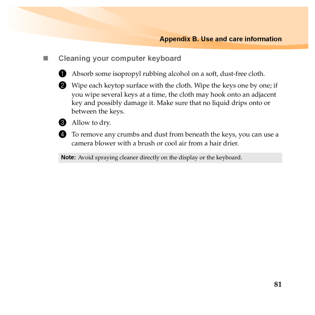 Lenovo Y460P, Y560P manual „ Cleaning your computer keyboard 