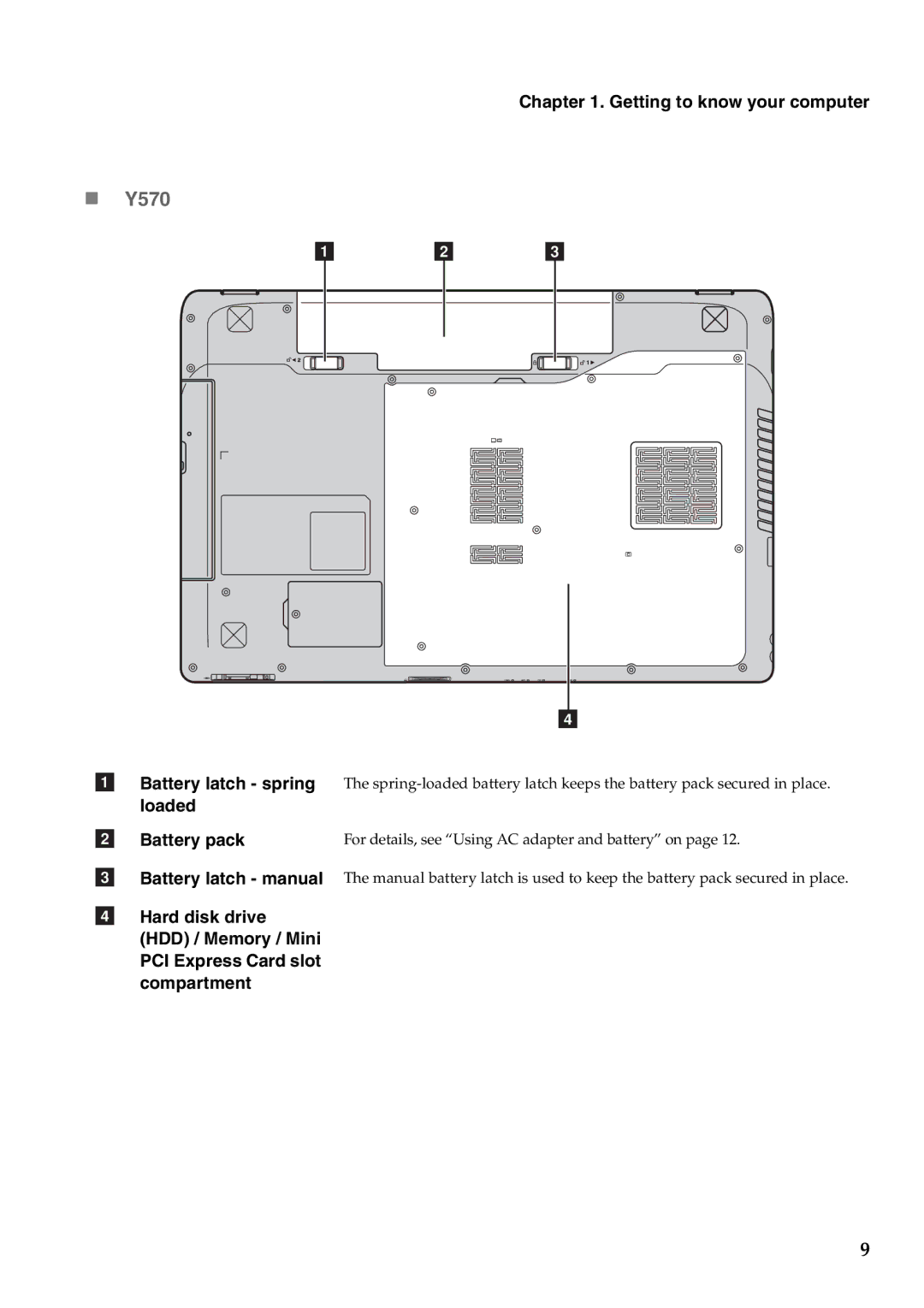 Lenovo Y470, Y570 Battery pack Battery latch manual 