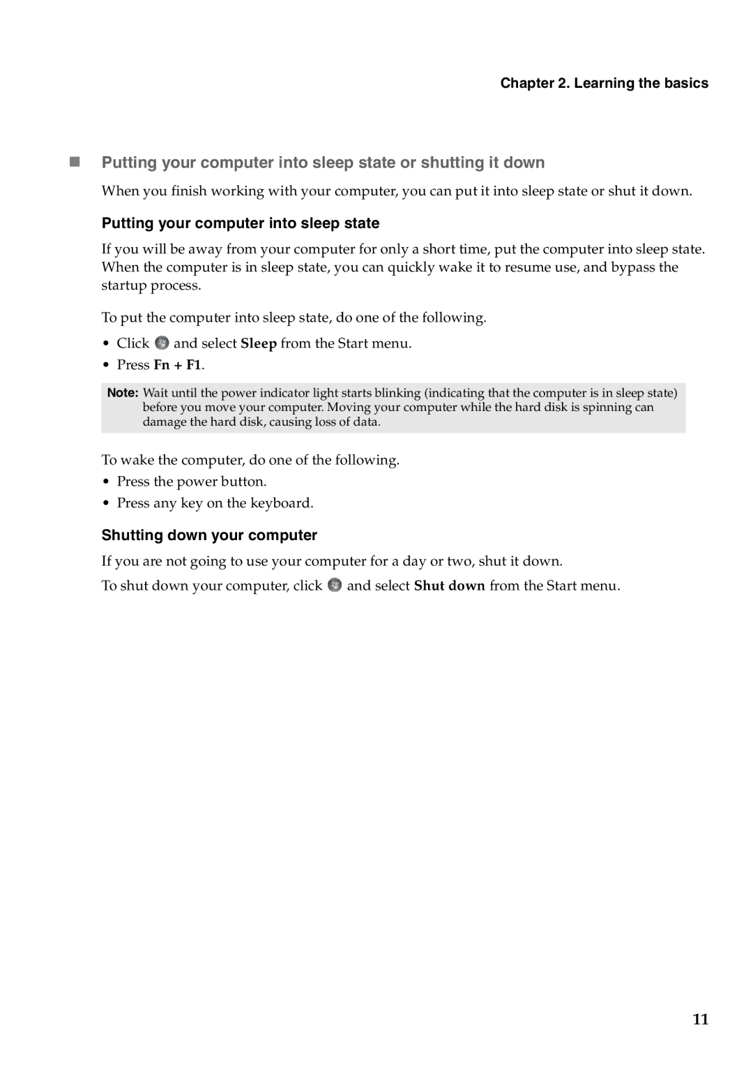 Lenovo Y470, Y570 manual Learning the basics, Putting your computer into sleep state, Shutting down your computer 