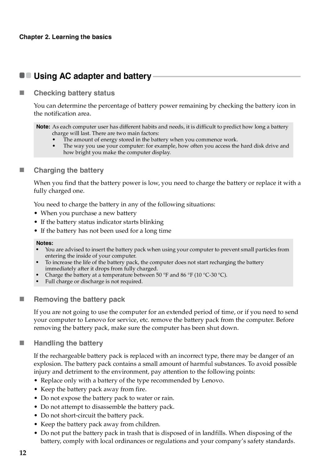 Lenovo Y570, Y470 „ Checking battery status, „ Charging the battery, „ Removing the battery pack, „ Handling the battery 