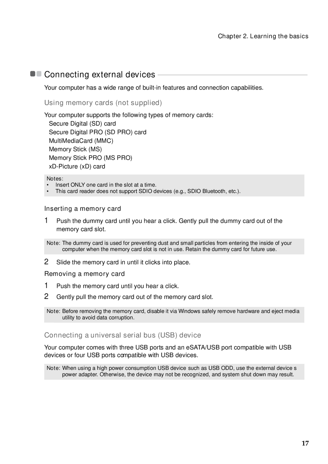 Lenovo Y470 „ Using memory cards not supplied, „ Connecting a universal serial bus USB device, Inserting a memory card 