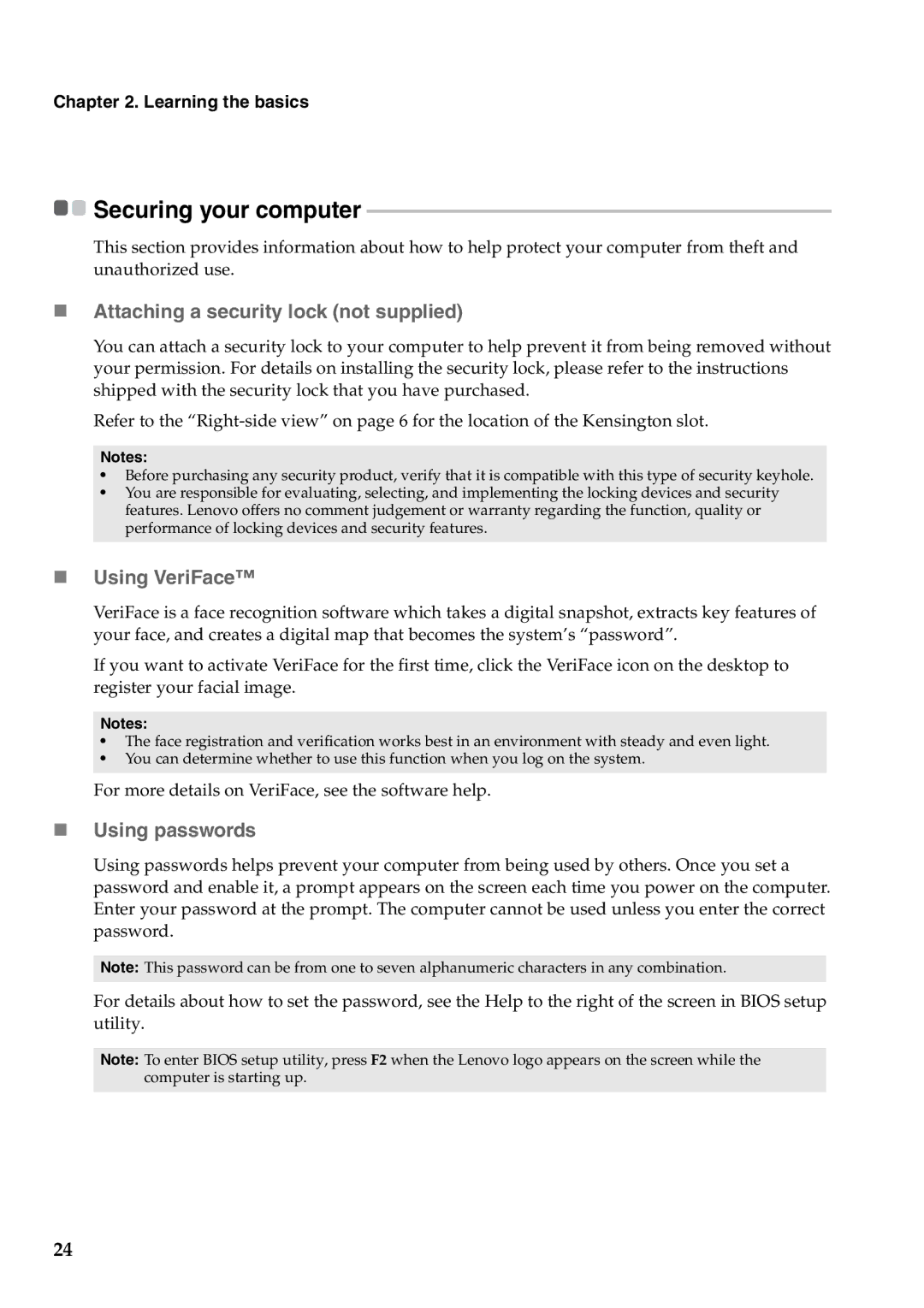 Lenovo Y570, Y470 manual „ Attaching a security lock not supplied, „ Using VeriFace, „ Using passwords 