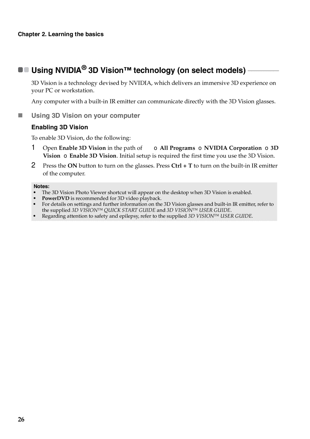 Lenovo Y570, Y470 manual „ Using 3D Vision on your computer, Enabling 3D Vision 