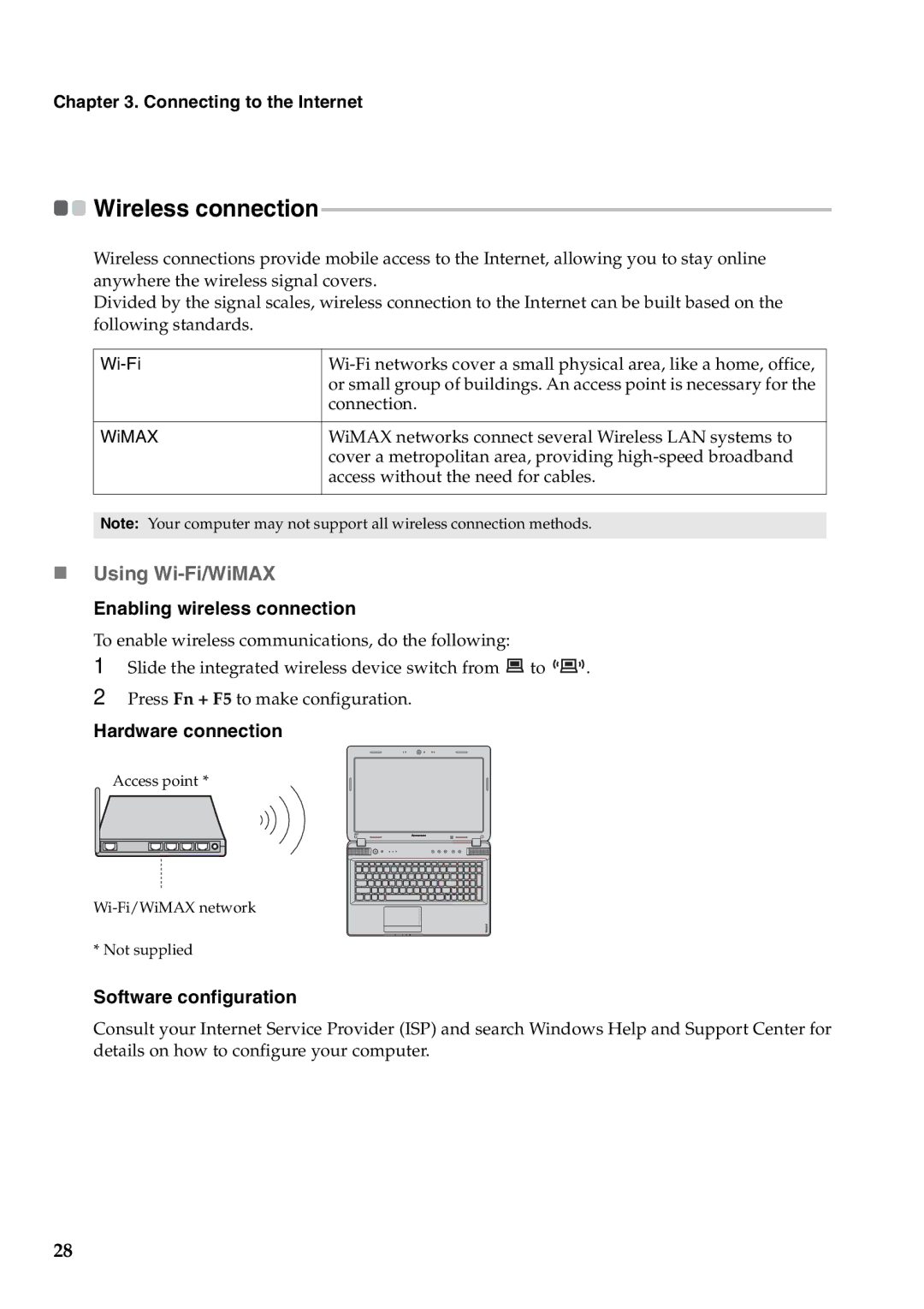 Lenovo Y570, Y470 manual „ Using Wi-Fi/WiMAX, Connecting to the Internet, Enabling wireless connection, Hardware connection 