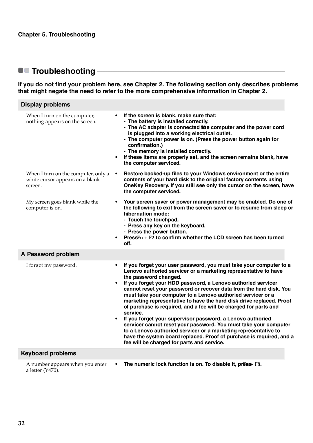 Lenovo Y570, Y470 manual Display problems, Password problem, Keyboard problems 