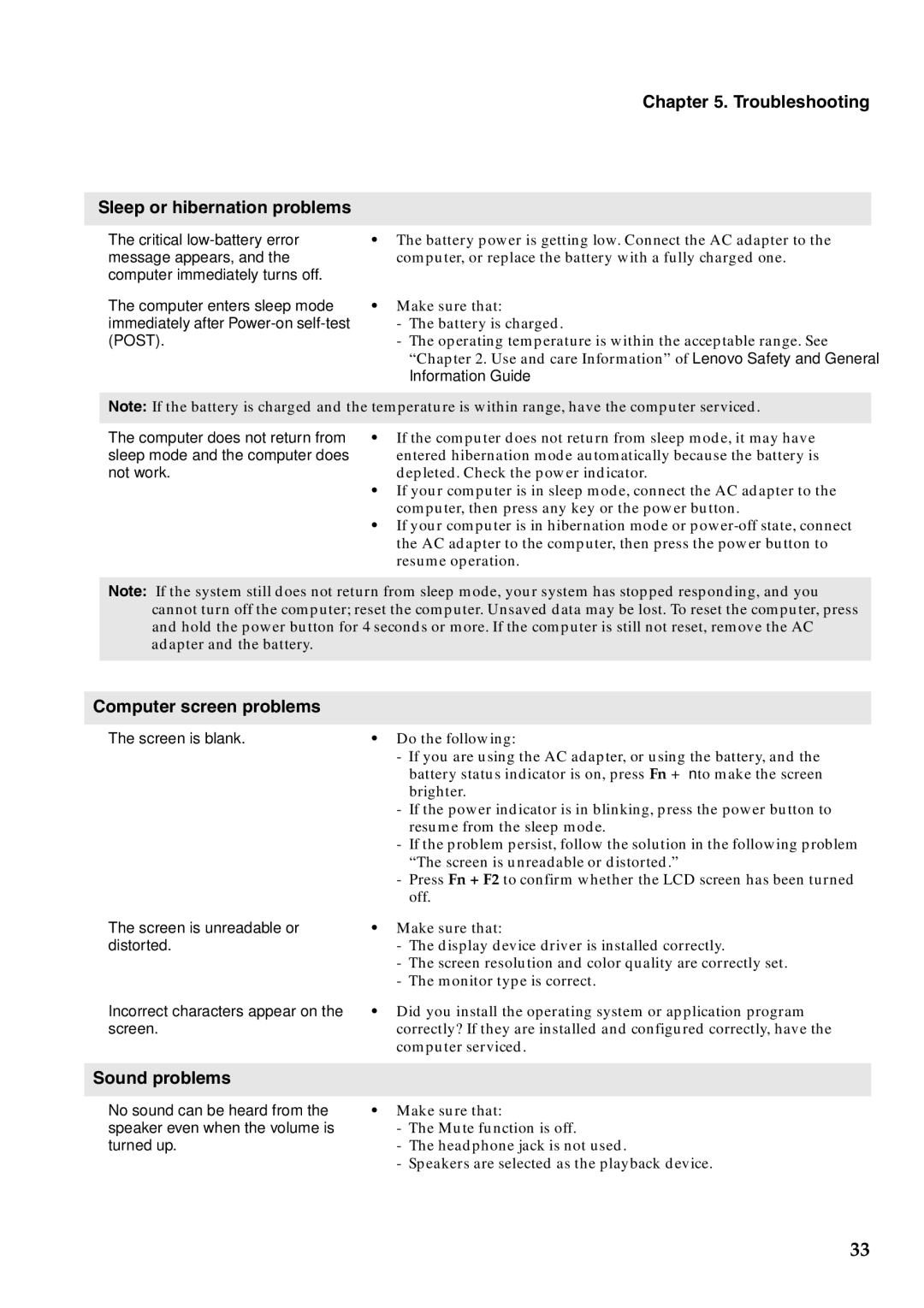 Lenovo Y470, Y570 manual Troubleshooting Sleep or hibernation problems, Computer screen problems, Sound problems 