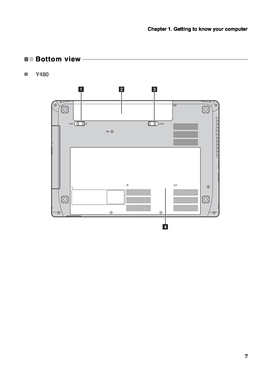Lenovo Y580 manual „ Y480, Getting to know your computer, a b c d, Bottom view 