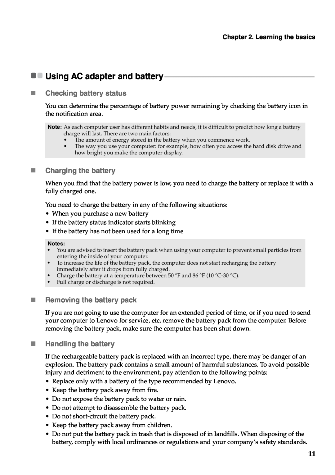 Lenovo Y480 Using AC adapter and battery, „ Checking battery status, „ Charging the battery, „ Removing the battery pack 