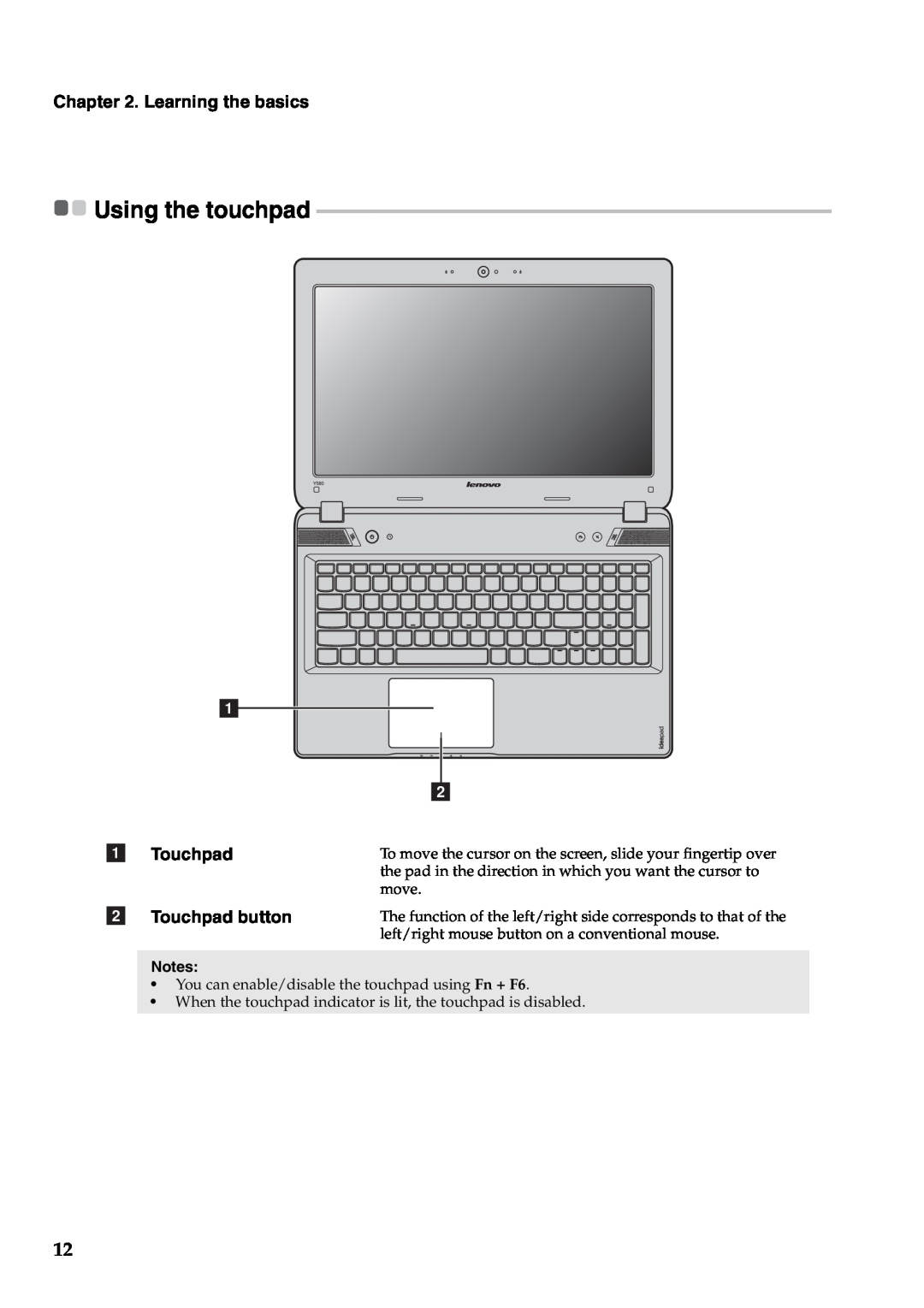 Lenovo Y580, Y480 manual Using the touchpad, Touchpad button, Learning the basics 