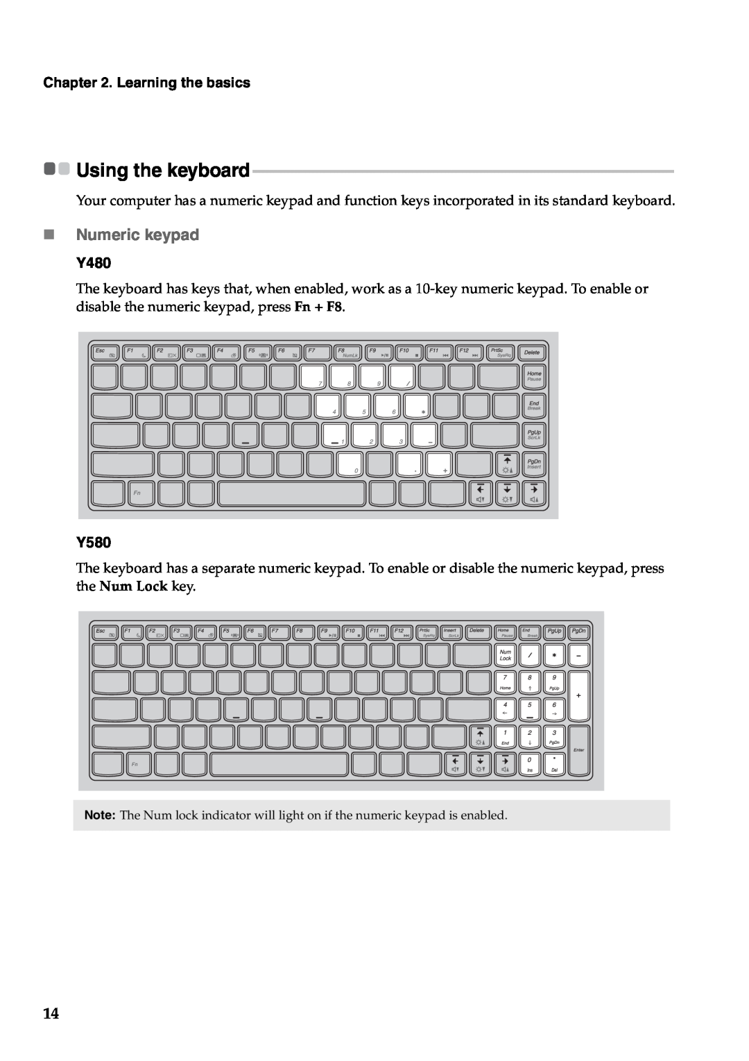 Lenovo Y580 manual „ Numeric keypad, Using the keyboard, Y480, Learning the basics 