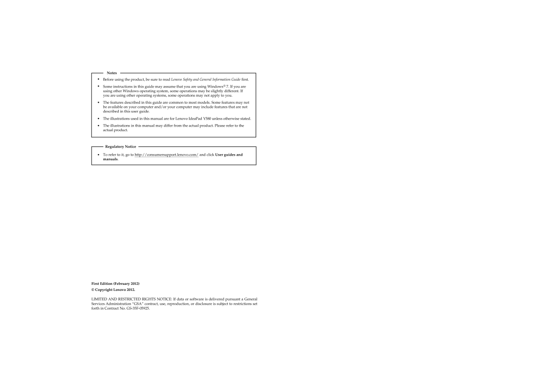 Lenovo Y580, Y480 manual Regulatory Notice, First Edition February Copyright Lenovo 