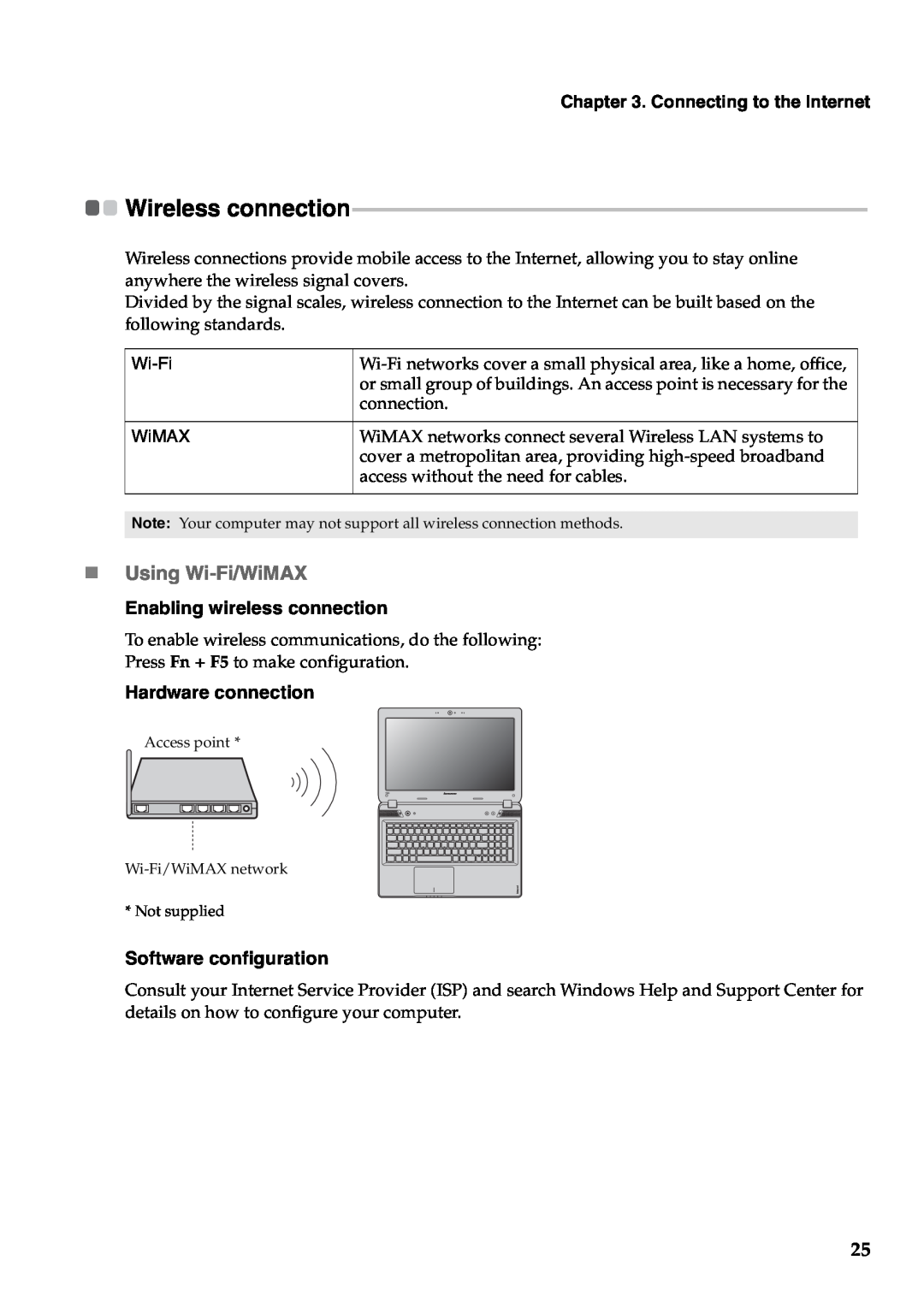Lenovo Y480, Y580 manual „ Using Wi-Fi/WiMAX, Connecting to the Internet, Enabling wireless connection, Hardware connection 