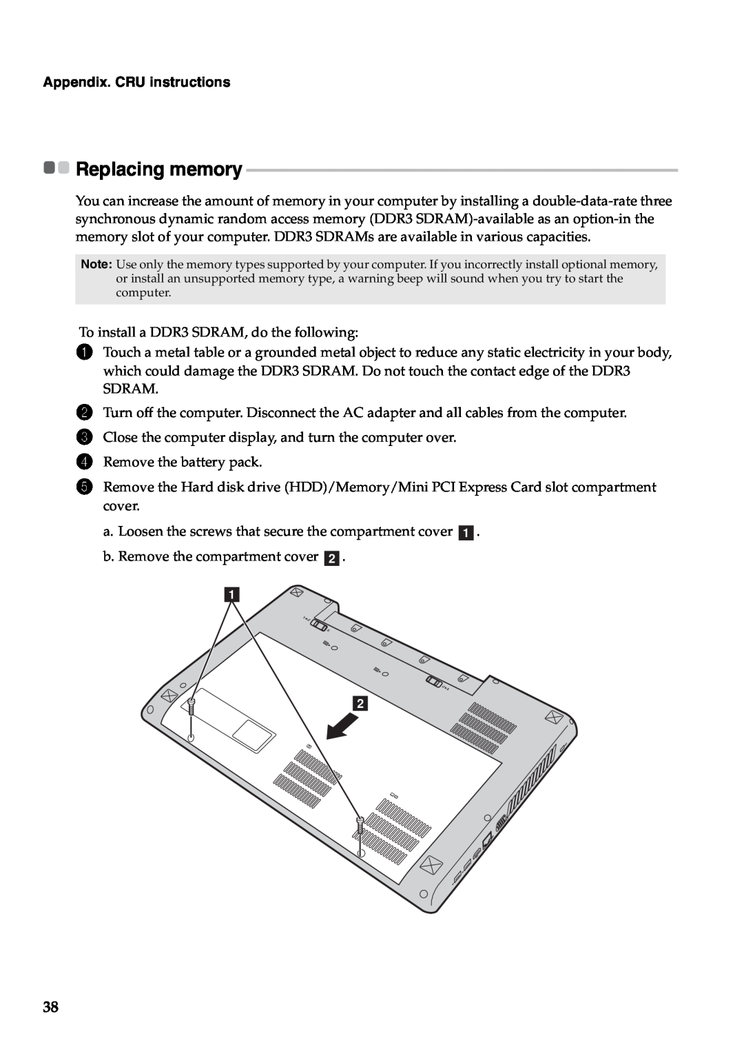 Lenovo Y580, Y480 manual Appendix. CRU instructions, Replacing memory 