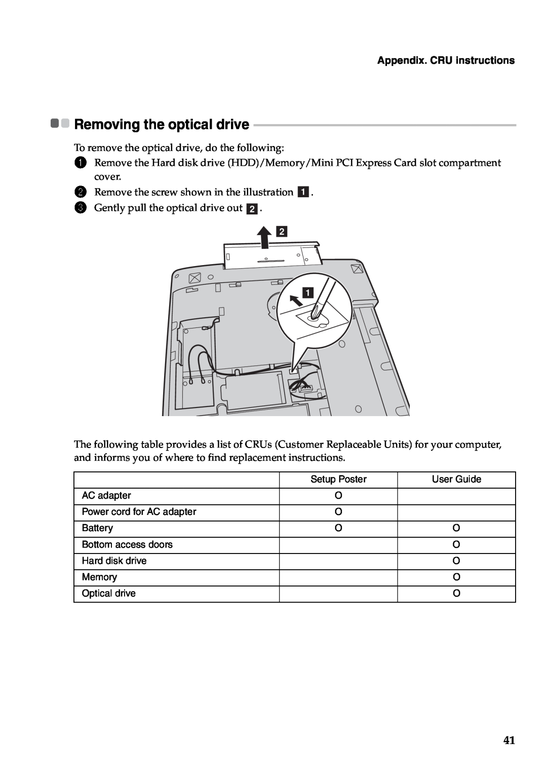 Lenovo Y480, Y580 manual Removing the optical drive, Appendix. CRU instructions 