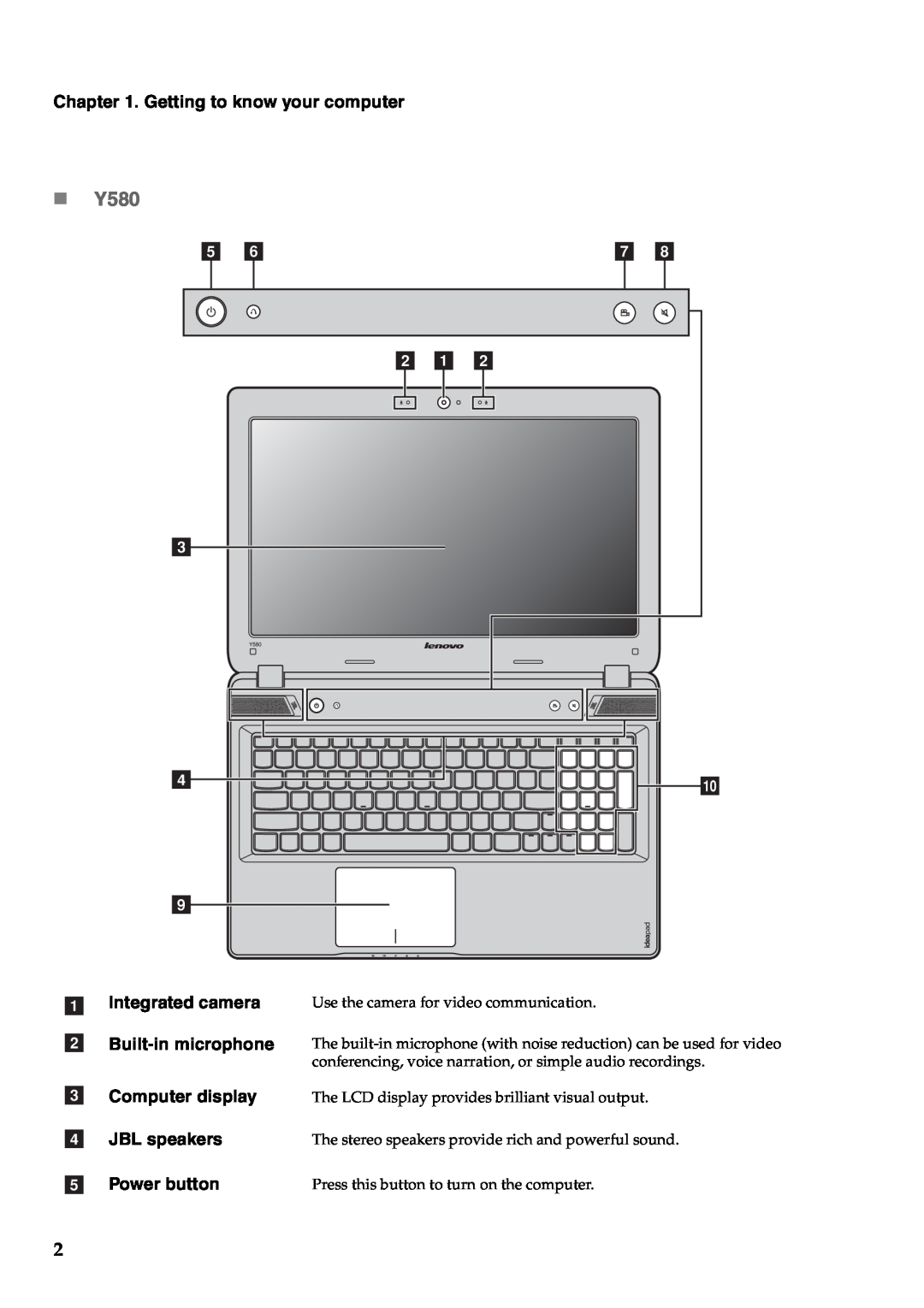 Lenovo Y480 manual „ Y580, Getting to know your computer, b a b c dj, Computer display, JBL speakers, Power button 