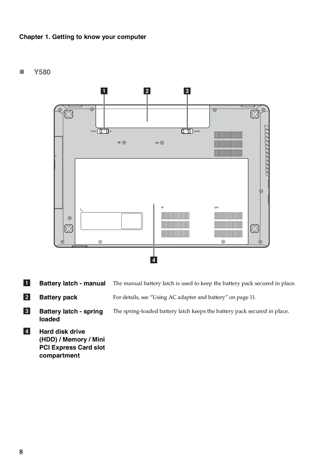 Lenovo Y480 manual „ Y580, Battery pack 