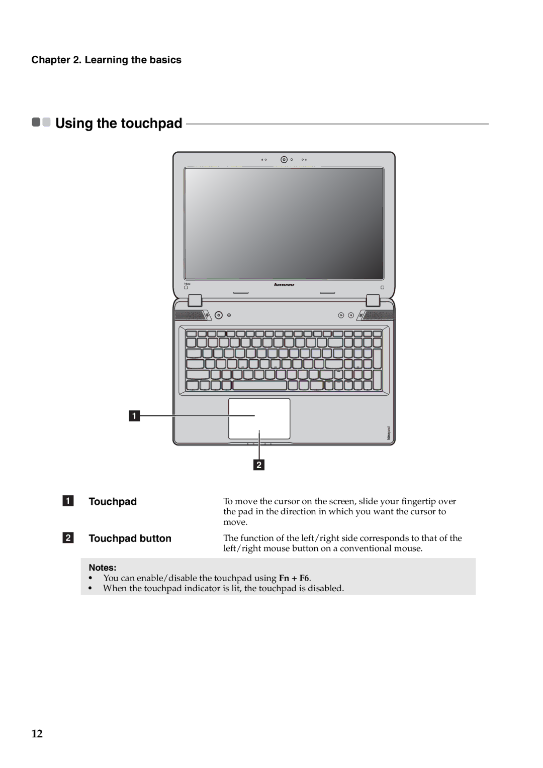 Lenovo Y580, Y480 manual Using the touchpad, Touchpad button 