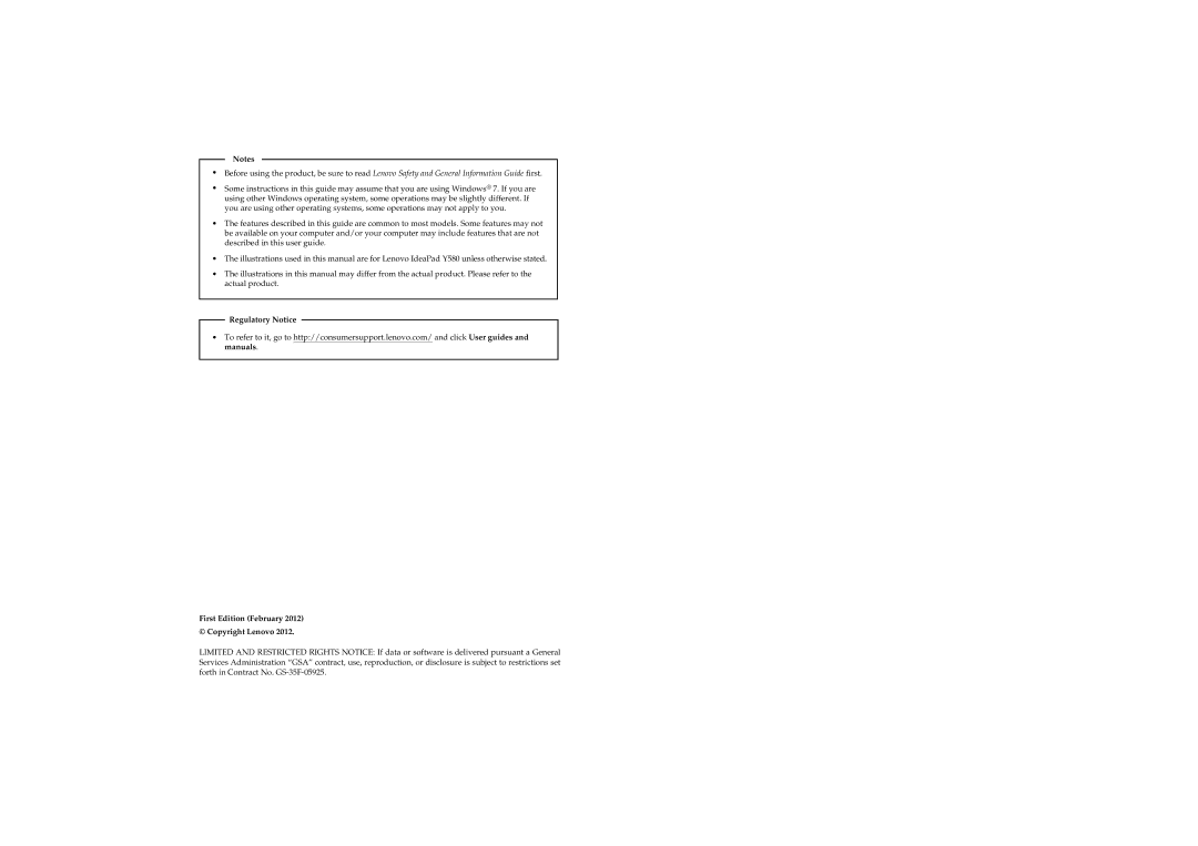 Lenovo Y580, Y480 manual Regulatory Notice First Edition February Copyright Lenovo 