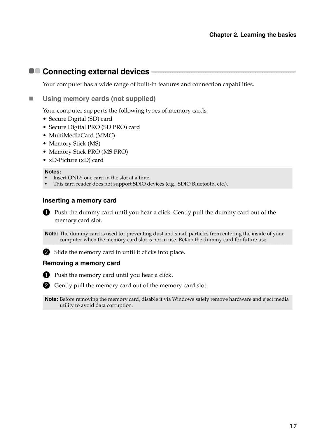 Lenovo Y480, Y580 manual „ Using memory cards not supplied, Inserting a memory card, Removing a memory card 