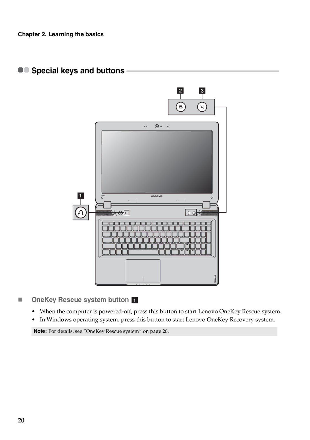 Lenovo Y580, Y480 manual Special keys and buttons, „ OneKey Rescue system button a 