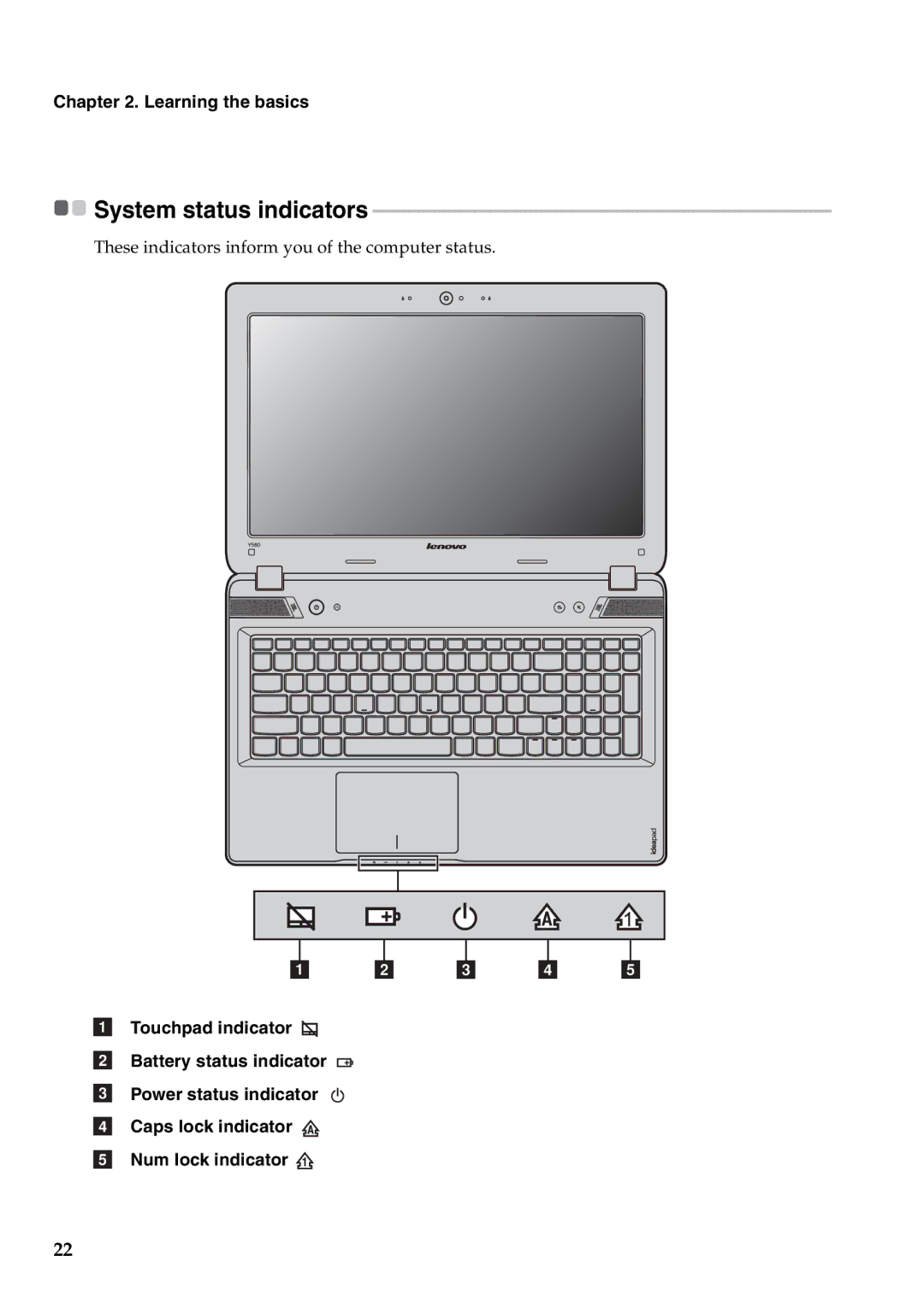 Lenovo Y580, Y480 manual System status indicators 