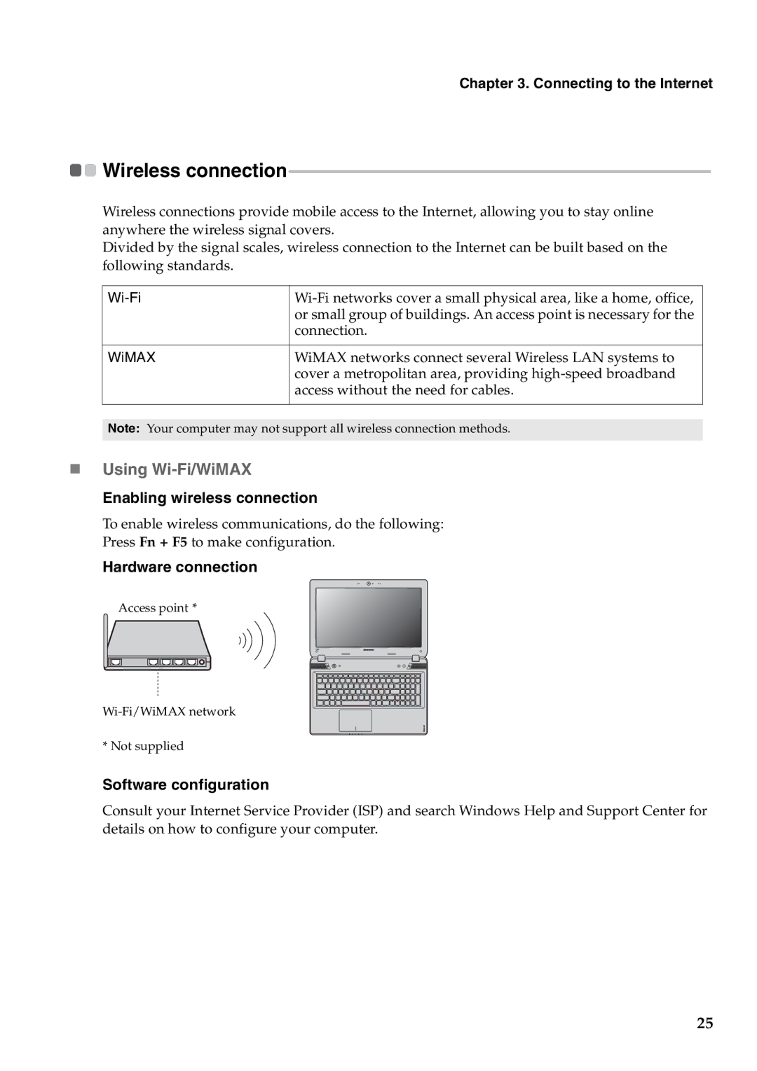 Lenovo Y480, Y580 manual „ Using Wi-Fi/WiMAX, Connecting to the Internet, Enabling wireless connection, Hardware connection 