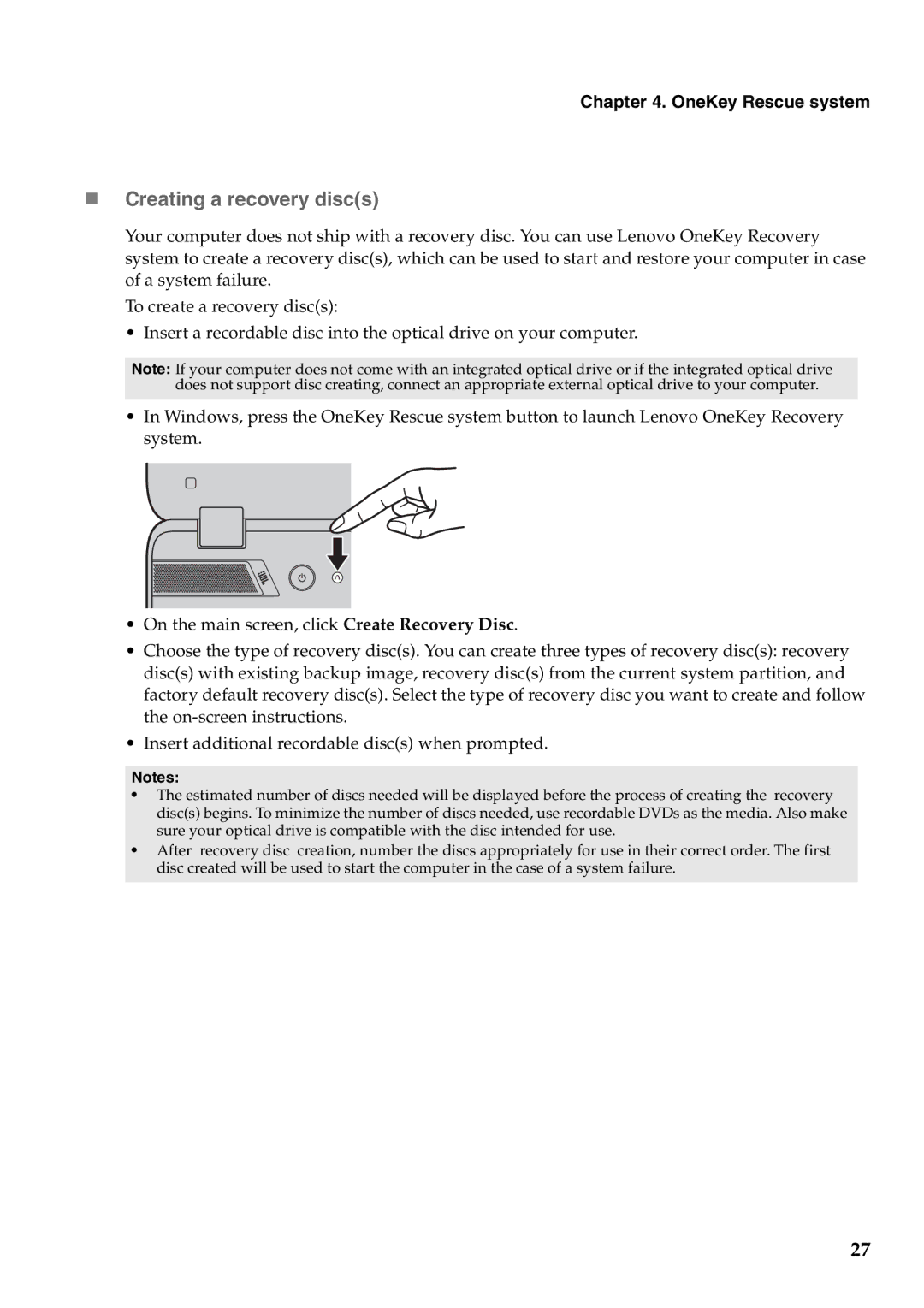 Lenovo Y480, Y580 manual „ Creating a recovery discs, OneKey Rescue system 