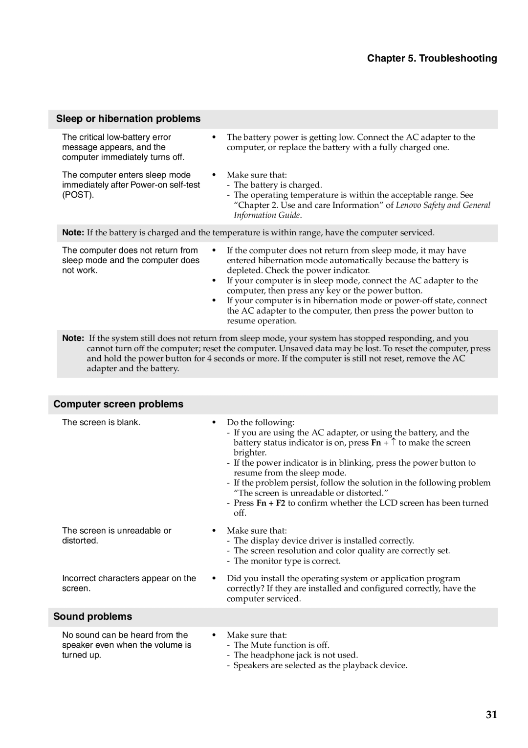 Lenovo Y480, Y580 manual Troubleshooting Sleep or hibernation problems, Computer screen problems, Sound problems 