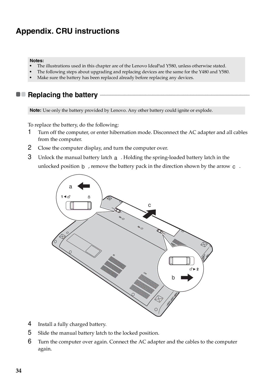 Lenovo Y580, Y480 manual Appendix. CRU instructions, Replacing the battery 