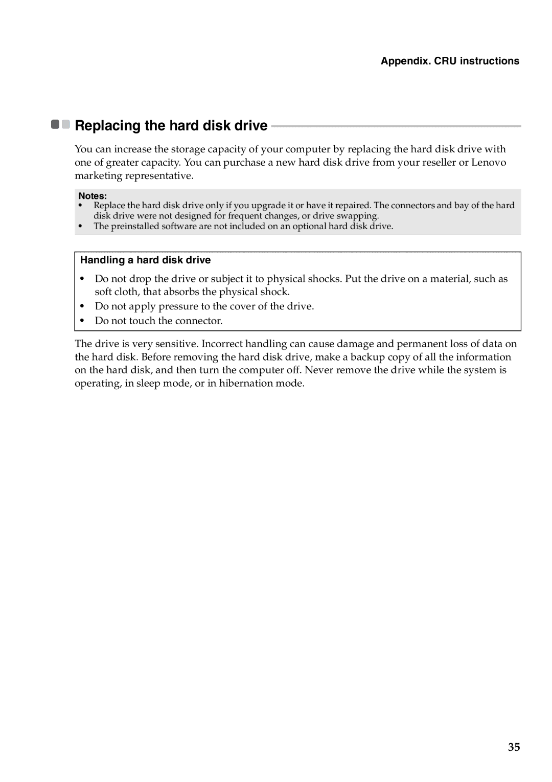 Lenovo Y480, Y580 manual Replacing the hard disk drive, Appendix. CRU instructions, Handling a hard disk drive 