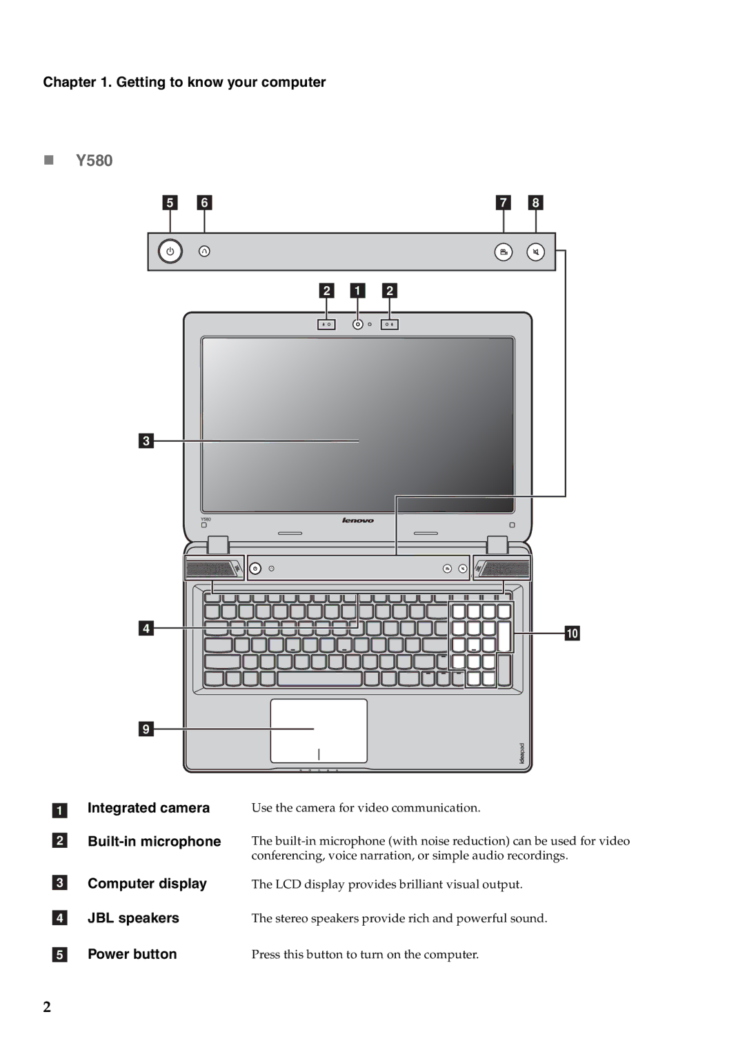 Lenovo Y480 manual „ Y580, Getting to know your computer, Computer display, JBL speakers, Power button 