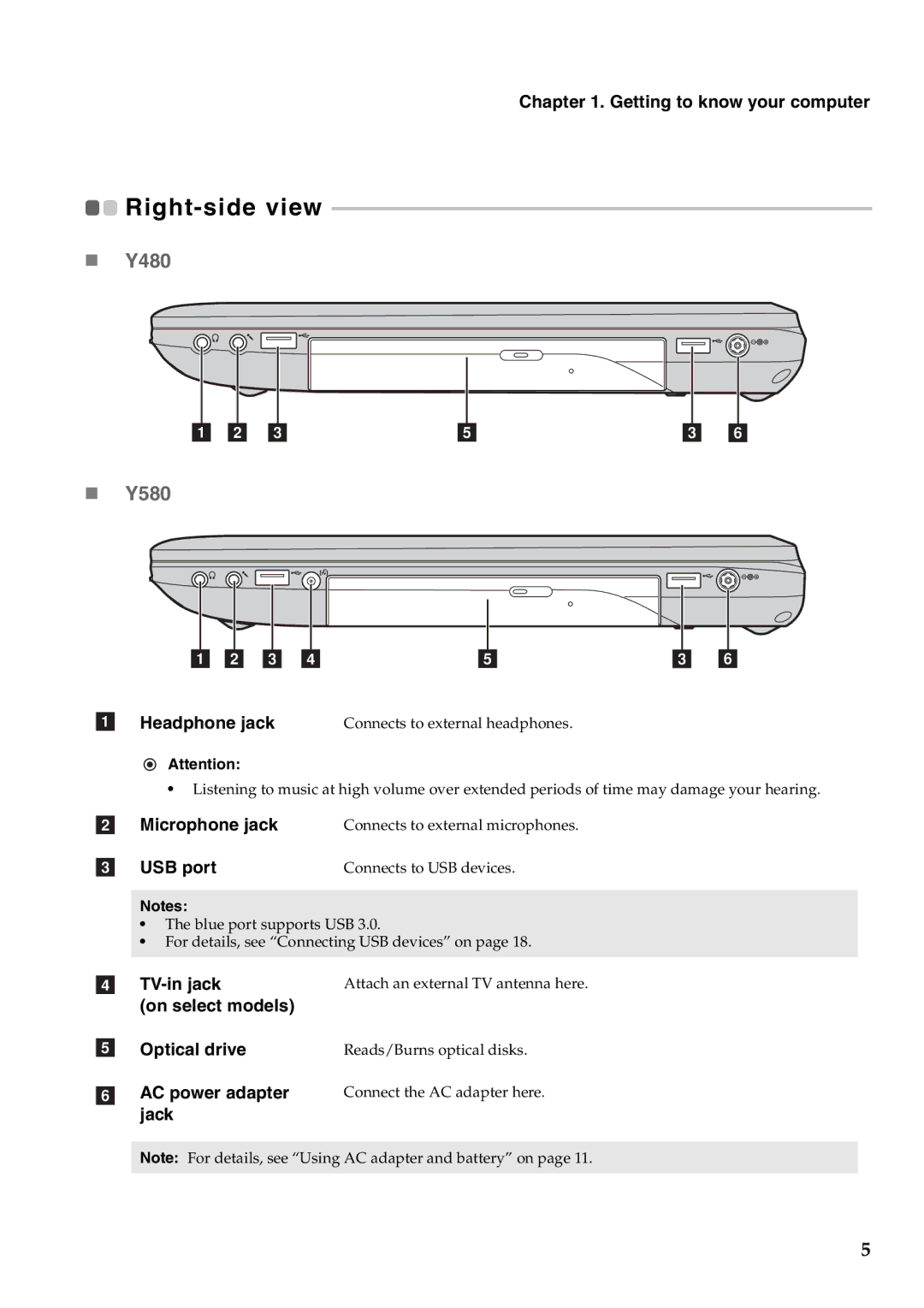 Lenovo manual „ Y480 „ Y580, TV-in jack, On select models Optical drive, AC power adapter, Jack 